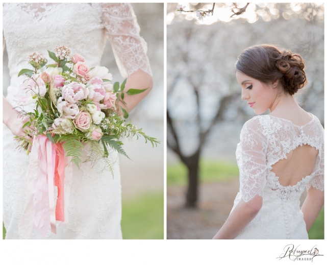 Spring bridal portraits vintage lace wedding gown blossom orchard california wedding photography