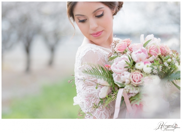 Spring bridal portraits vintage lace wedding gown blossom orchard california wedding photography