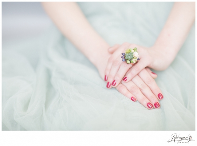 green tulle gown succulent hairpiece ring glamour portraits